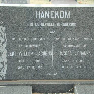 HANEKOM Gert Willem Jacobus 1900-1980 &amp; Jacoba Johanna 1910-1988
