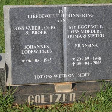 COETZER Johannes Lodewickus 1945- &amp; Francina 1948-2006