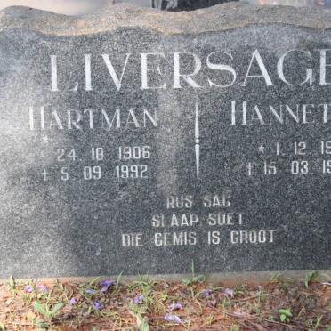 LIVERSAGE Hartman 1906-1992 &amp; Hannetjie 1911-1987