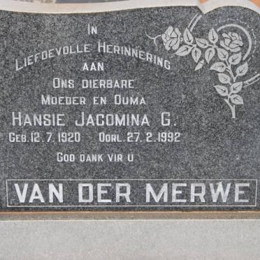MERWE Hansie Jacomina G., van der 1920-1992