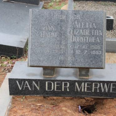 MERWE Jan Harm, van der 1908-1985 &amp; Aletta Elizabeth Dorothea 1905-1993