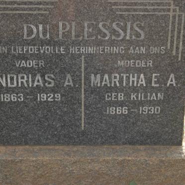 PLESSIS Andrias A ., du 1863-1929 &amp; Martha E.A. KILLIAN 1866-1930