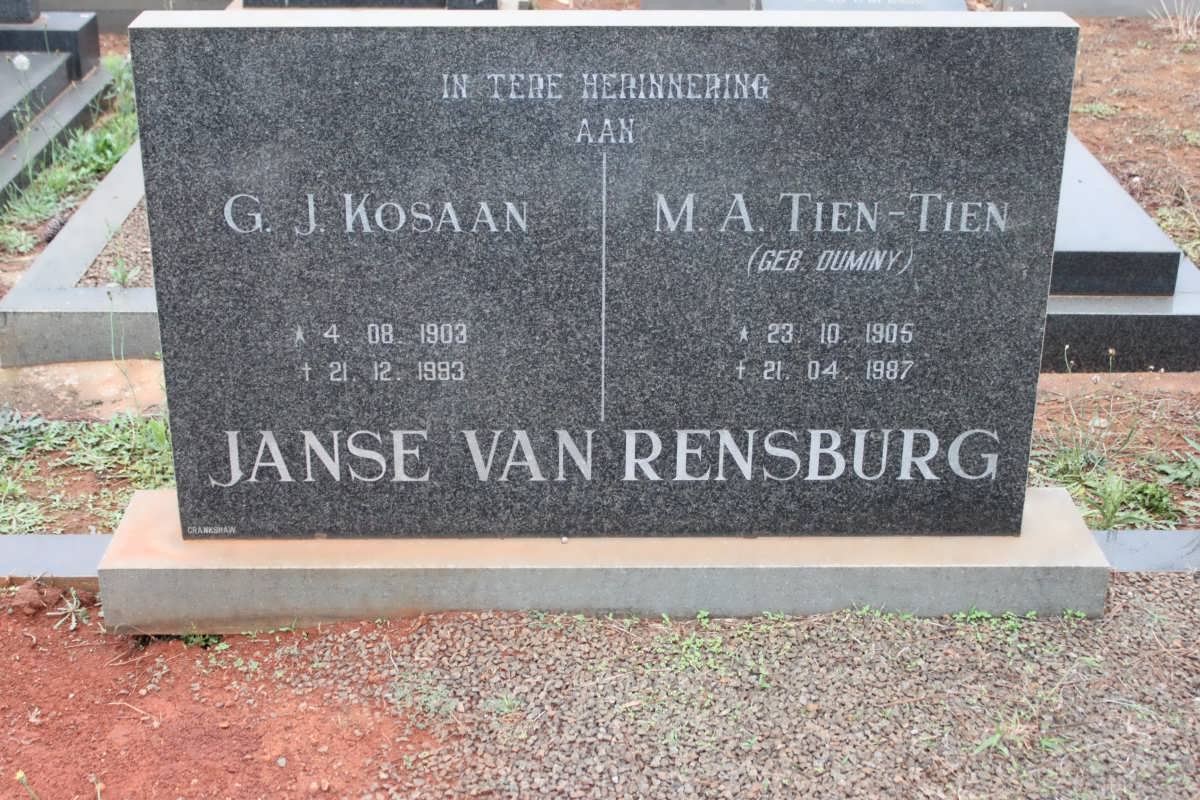 RENSBURG G.J., Janse van 1903-1993 &amp; M.A. DUMINY 1905-1987