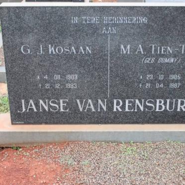 RENSBURG G.J., Janse van 1903-1993 &amp; M.A. DUMINY 1905-1987