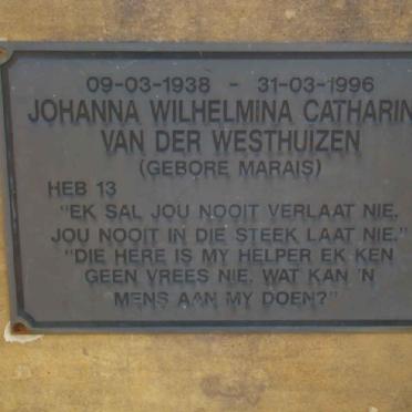 WESTHUIZEN Johanna Wilhelmina Catharina, van der nee MARAIS 1938-1996 