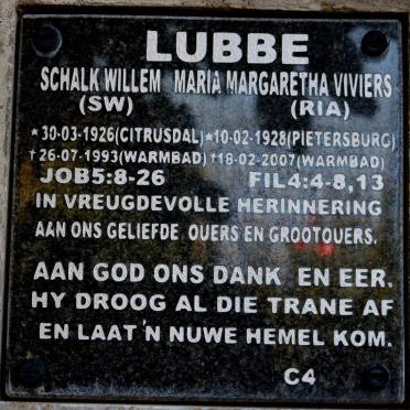 LUBBE Schalk Willem 1926-1993 &amp; Maria Margaretha VIVIERS 1928-2007