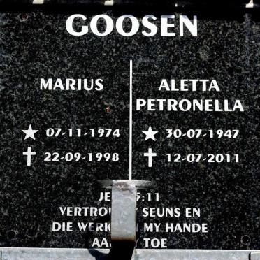 GOOSEN Aletta Petronella 1947-2011 :: GOOSEN Marius 1974-1998  