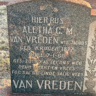 VREDEN Aletha C.M., van voorheen JACOBS nee KRUGER 1877-1960