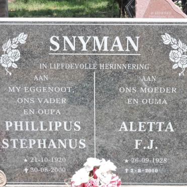 SNYMAN Phillipus Stephanus 1920-2000 &amp; Aletta F.J. 1928-2010