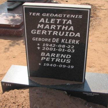 BOTHA Barend Petrus 1940- &amp; Aletta Martha Gertruida DE KLERK 1942-2001