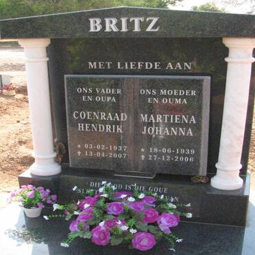 BRITZ Coenraad  Hendrik 1937-2007 &amp; Martiena Johanna 1939-2006