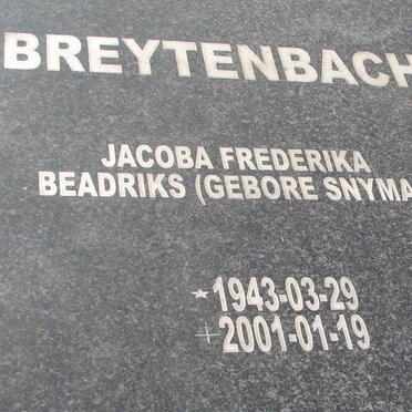BREYTENBACH Jacoba Frederika Beadriks nee SNYMAN 1943-2001