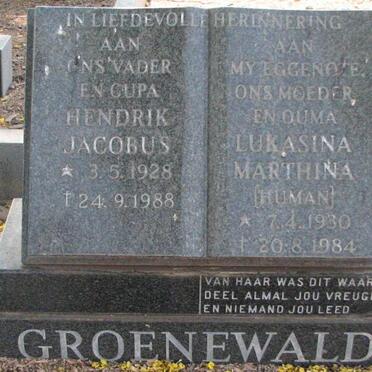 GROENEWALD Hendrik Jacobus 1928-1988 &amp; Lukasina Marthina HUMAN 1930-1984