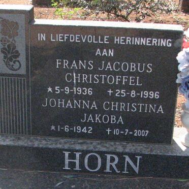 HORN Frans Jacobus Christoffel 1936-1996 &amp; Johanna Christina Jakoba 1942-2007
