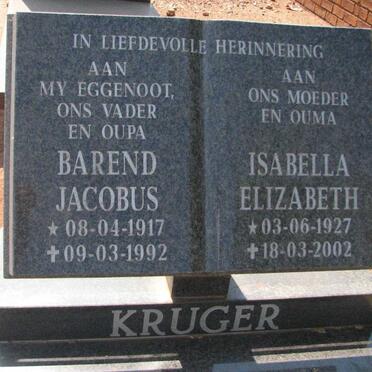 KRUGER Barend Jacobus 1917-1992 &amp; Isabella Elizabeth 1927-2002