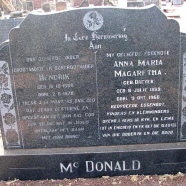Mc DONALD Hendrik 1886-1978 &amp; Anna Maria Magaretha DREYER 1899-1966