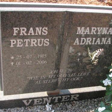 VENTER Frans Petrus 1915-2006 &amp; Maryna Adriana 1916-