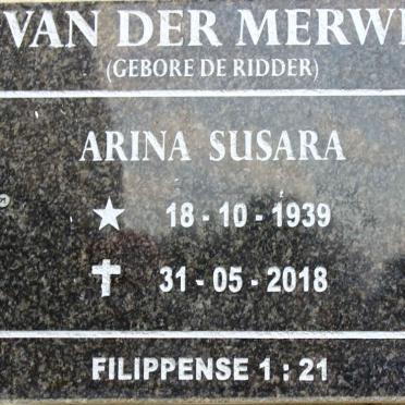 MERWE Arina Susara, van der nee DE RIDDER 1939-2018