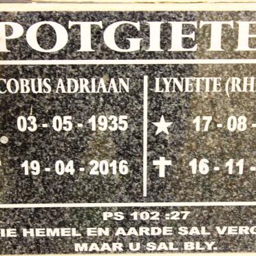 POTGIETER Jacobus Adriaan 1935-2016 &amp; Lynette RHEEDER 1939-2019