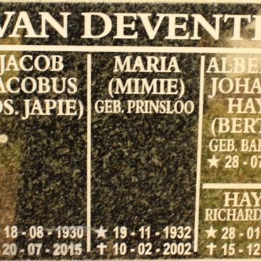 DEVENTER Jacob Jacobus, van 1930-2015 &amp; Maria PRINSLOO 1932-2002