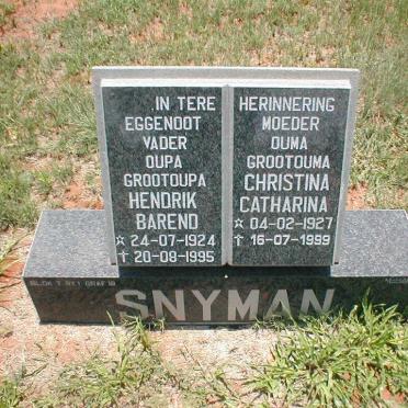 SNYMAN Hendrik Barend 1924-1995 &amp; Christina Catharina 1927-1999