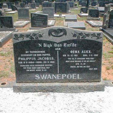 SWANEPOEL Phillipus Jacobus 1894-1961 &amp; Alice 1911-1999