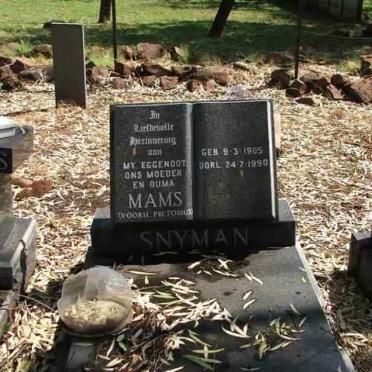 SNYMAN &quot;Mams&quot; nee PRETORIUS 1905-1990