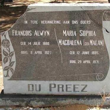 PREEZ Francois Alwyn, du 1880-1927 &amp; Maria Sophia Magdalena MALAN 1885-1971