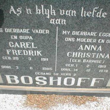 BOSHOFF Carel Fredrik 1911-1985 &amp; Anna Christina BARWISE 1919-1978