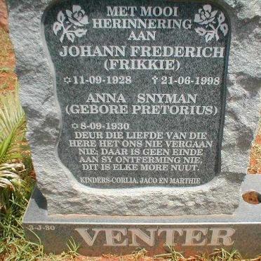 VENTER Johann Frederich 1928-1998 &amp; Anna Snyman PRETORIUS 1930-