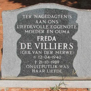 VILLIERS Freda, de nee VAN DER MERWE 1940-1989