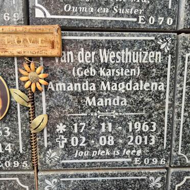 WESTHUIZEN Amanda Magdalena, van der nee KARSTEN 1963-2013 