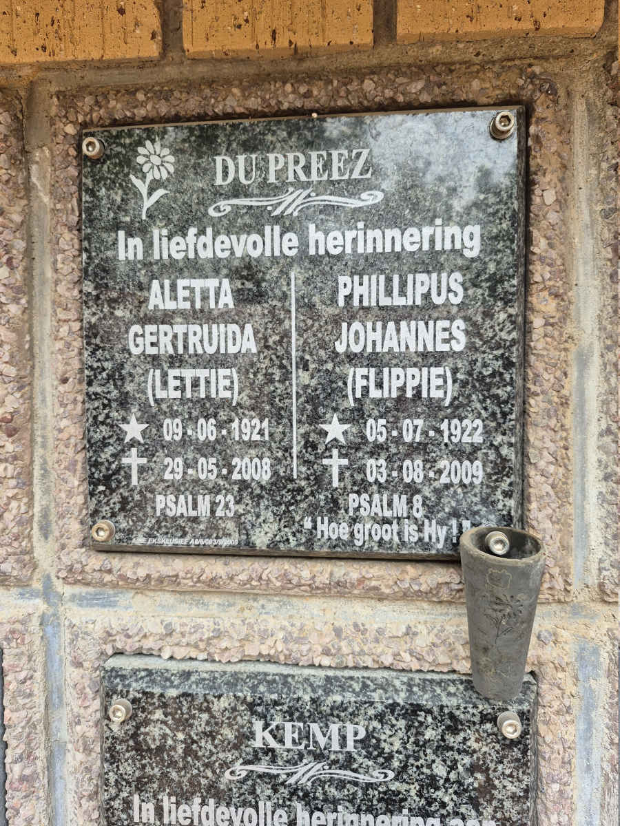 PREEZ Phillipus Johannes, du 1922-2009 & Aletta Gertruida 1921-2008