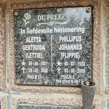 PREEZ Phillipus Johannes, du 1922-2009 & Aletta Gertruida 1921-2008