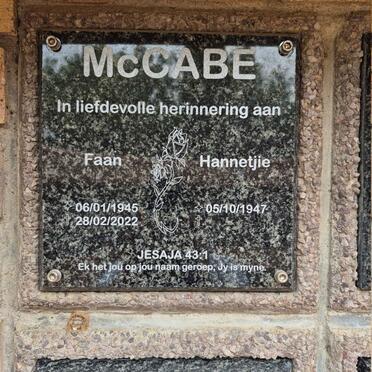 MCCABE Faan 1945-2022 & Hannetjie 1947-