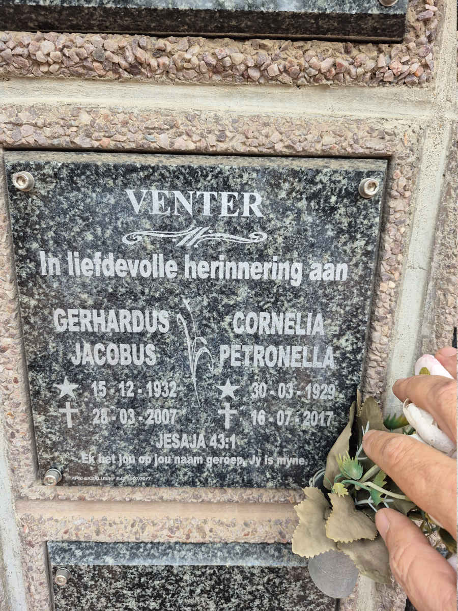 VENTER Gerhardus Jacobus 1932-2007 & Cornelia Petronella 1929-2017