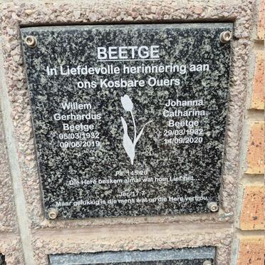BEETGE Willem Gerhardus 1932-2019 & Johanna Catharina 1932-2020