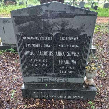 BEKKER Dirk Jacobus 1930-1992 & Anna Sophia Francina 1929-2001