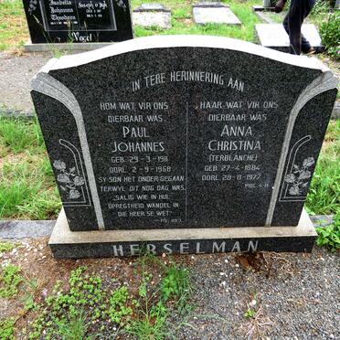 HERSELMAN Paul Johannes 1911-1968 & Anna Christina nee TERBLANCHE 1884-1977