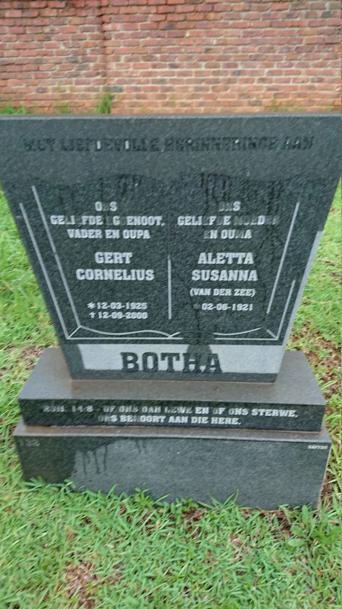 BOTHA Gert Cornelius 1925-2000 & Aletta Susanna VAN DER ZEE 1921-