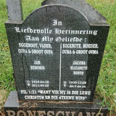 BONESCHANS Jan Hendrik 1928-2011 &amp; Jacoba Elizabeth ROETS 1930-2017