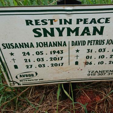 SNYMAN David Petrus Johannes 1946-2017 &amp; Susanna Johanna 1943-2017