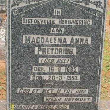 PRETORIUS Magdalena Anna nee NEL 1885-1953