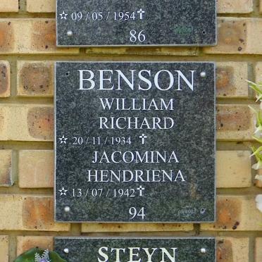 BENSON William Richard 1934- &amp; Jacomina Hendrina 1942-