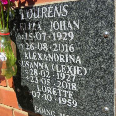 LOURENS Eliza Johan 1929-2016 &amp; Alexandrina Susanna 1927-2018 :: LOURENS Lorette 1959-