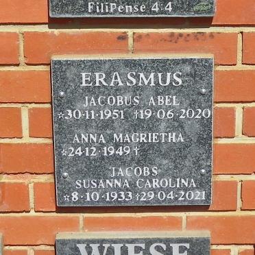 ERASMUS Jacobus Abel 1951-2020 &amp; Anna Magrietha 1949- :: JACOBS Susanna Carolina 1933-2021