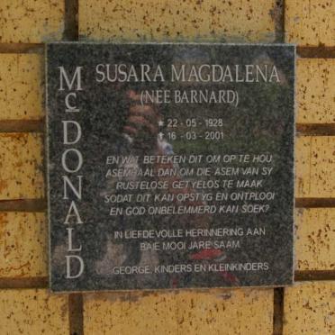 McDONALD Susara Magdalena nee BARNARD 1928-2001