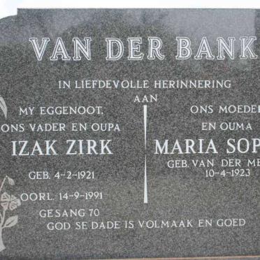 BANK Izak Zirk, van der 1921-1991 &amp; Maria Sophia VAN DER MERWE 1923-