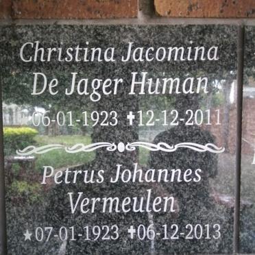 VERMEULEN Petrus Johannes 1923-2013 :: DE JAGER HUMAN Christina Jacomina 1923-2011