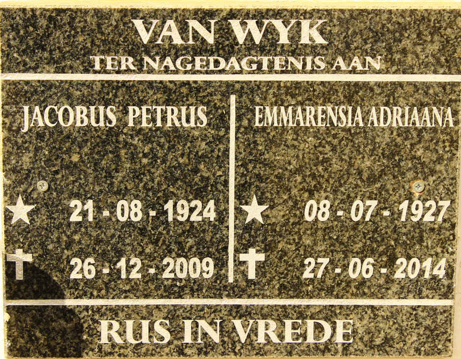 WYK Jacobus Petrus, van 1924-2009 &amp; Emmarensia Adriaana 1927-2014